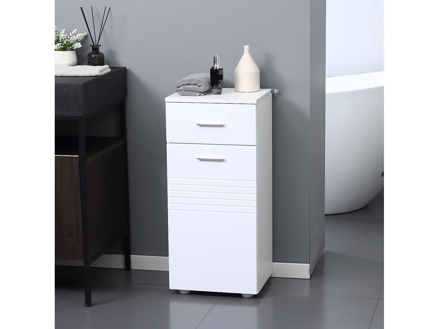 Meuble bas de salle de bain placard porte avec étagère tiroir coulissant panneaux particules blanc