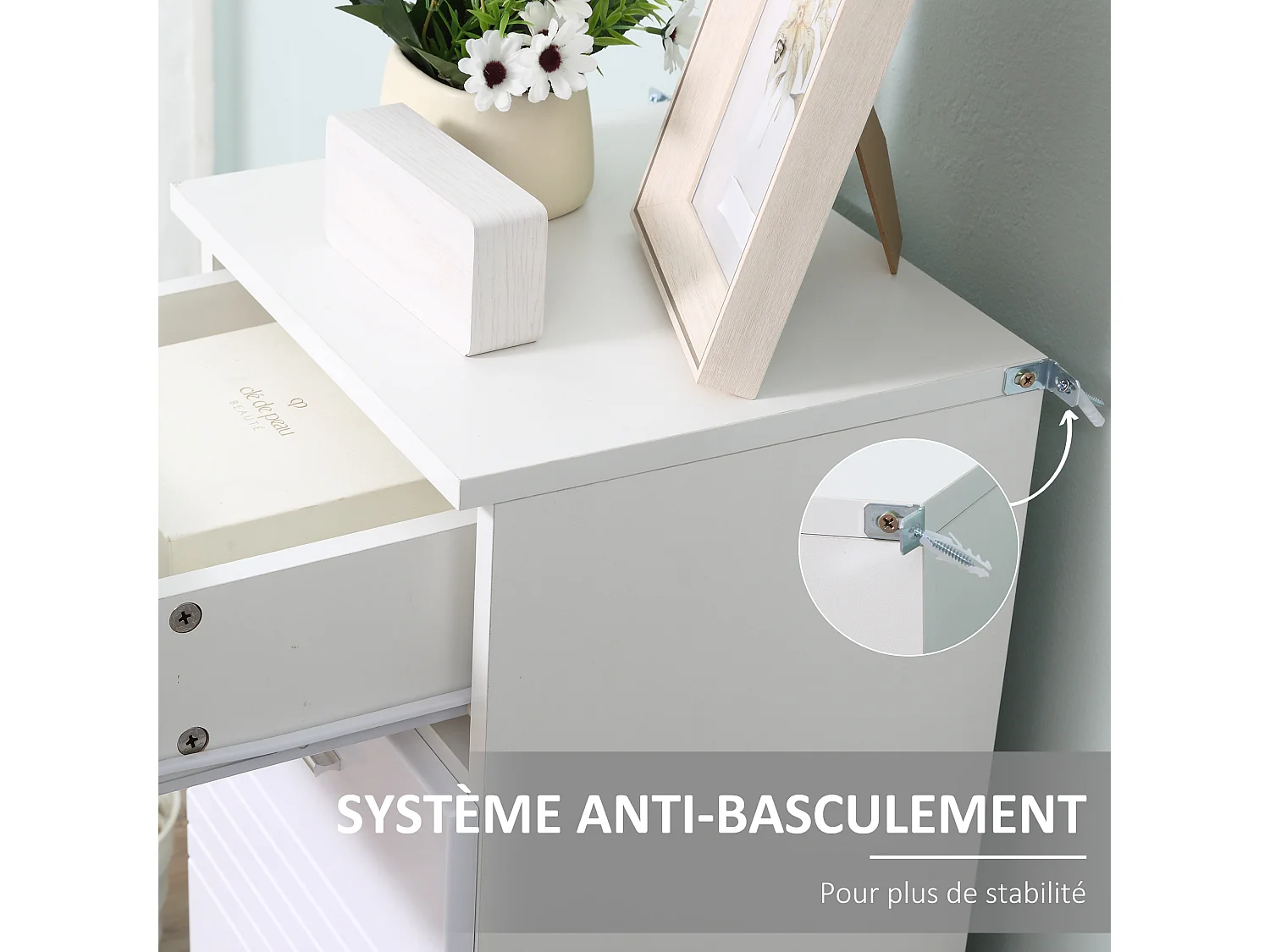 Meuble bas de salle de bain placard porte avec étagère tiroir coulissant panneaux particules blanc