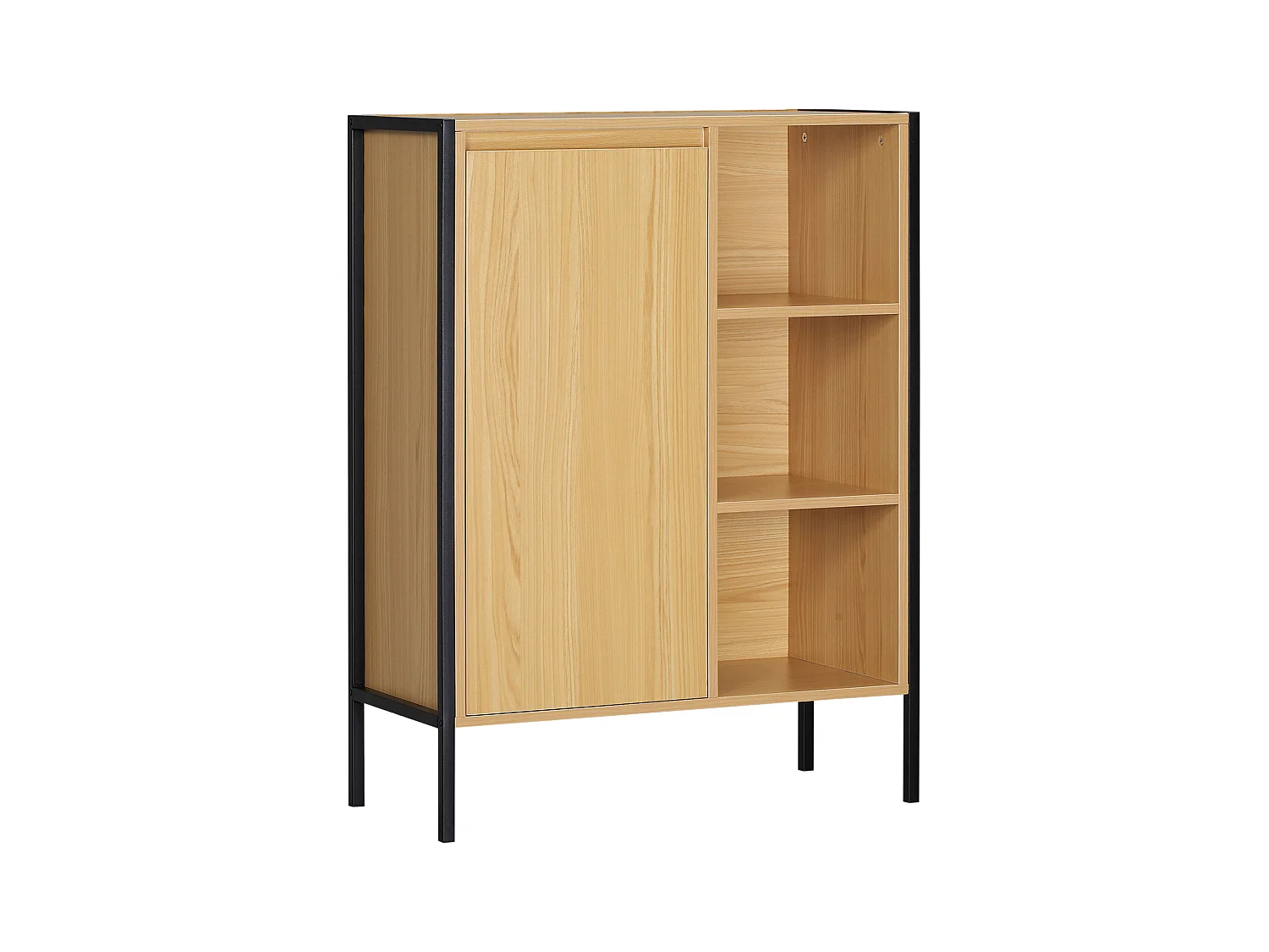 Meuble salle de bain - porte, étagère, 3 niches - dim. 60L x 28l x 80H cm - châssis acier noir panneaux aspect bois clair