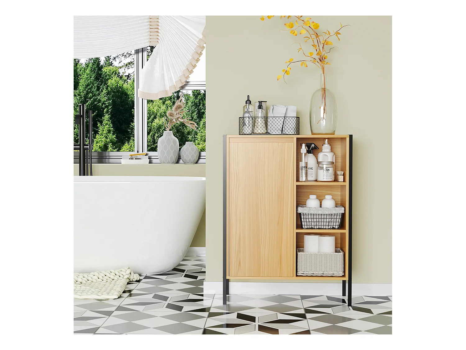 Meuble salle de bain - porte, étagère, 3 niches - dim. 60L x 28l x 80H cm - châssis acier noir panneaux aspect bois clair