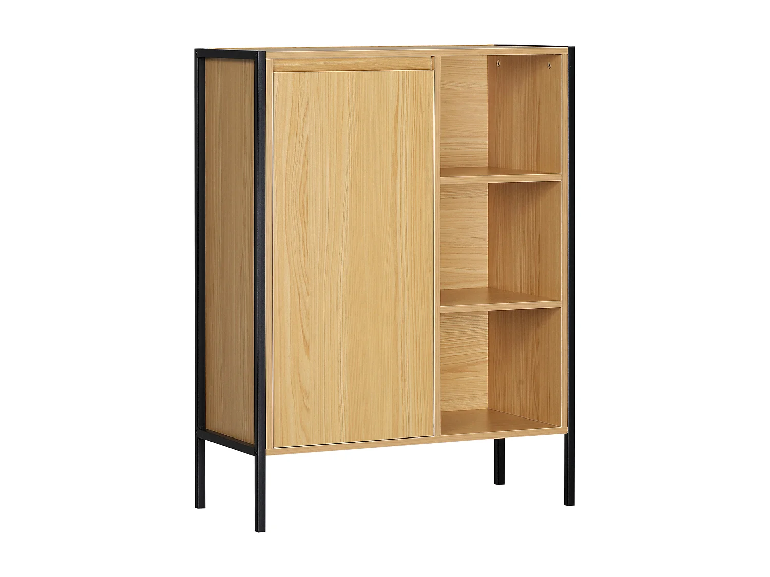 Meuble salle de bain - porte, étagère, 3 niches - dim. 60L x 28l x 80H cm - châssis acier noir panneaux aspect bois clair