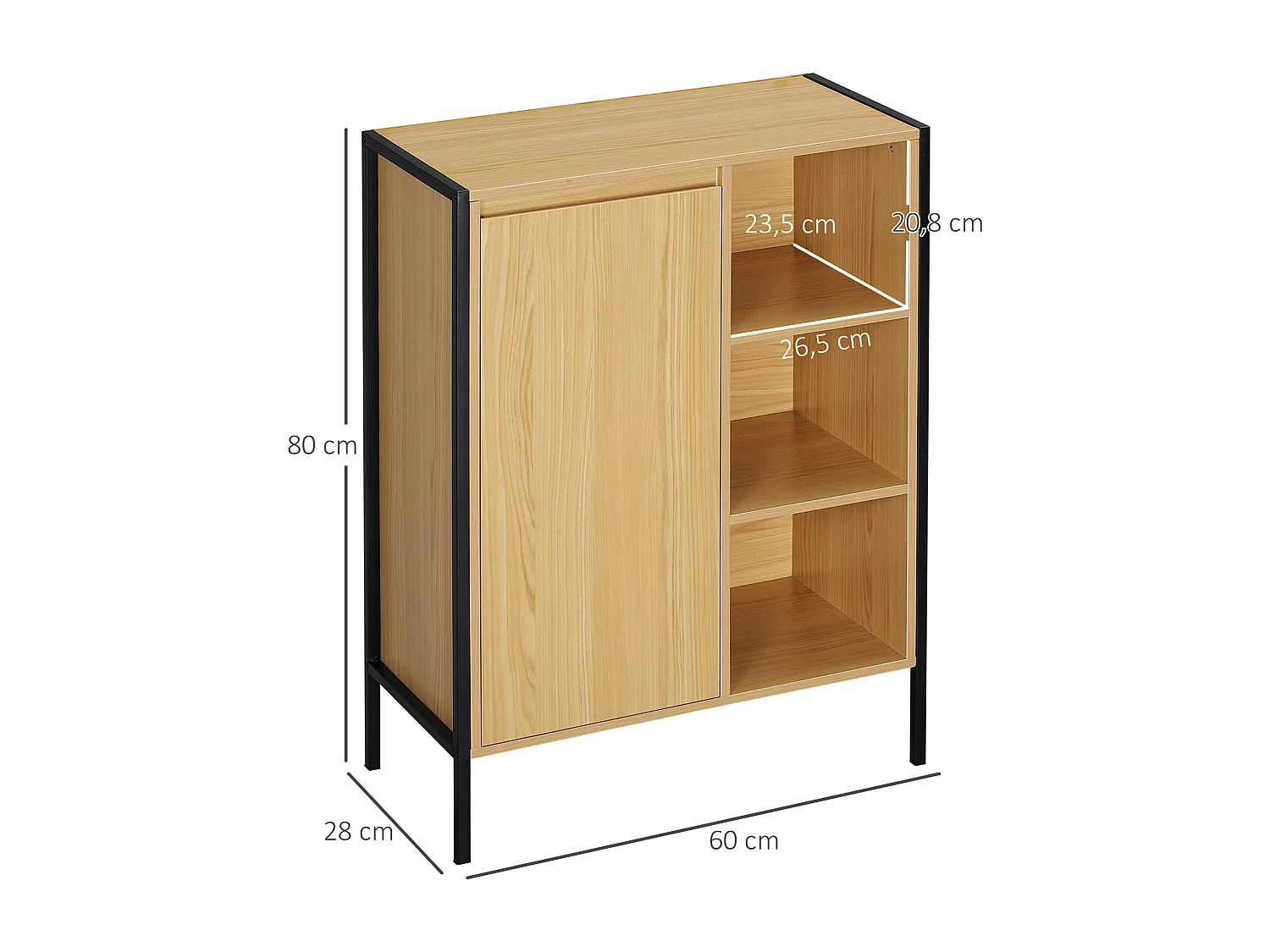 Meuble salle de bain - porte, étagère, 3 niches - dim. 60L x 28l x 80H cm - châssis acier noir panneaux aspect bois clair