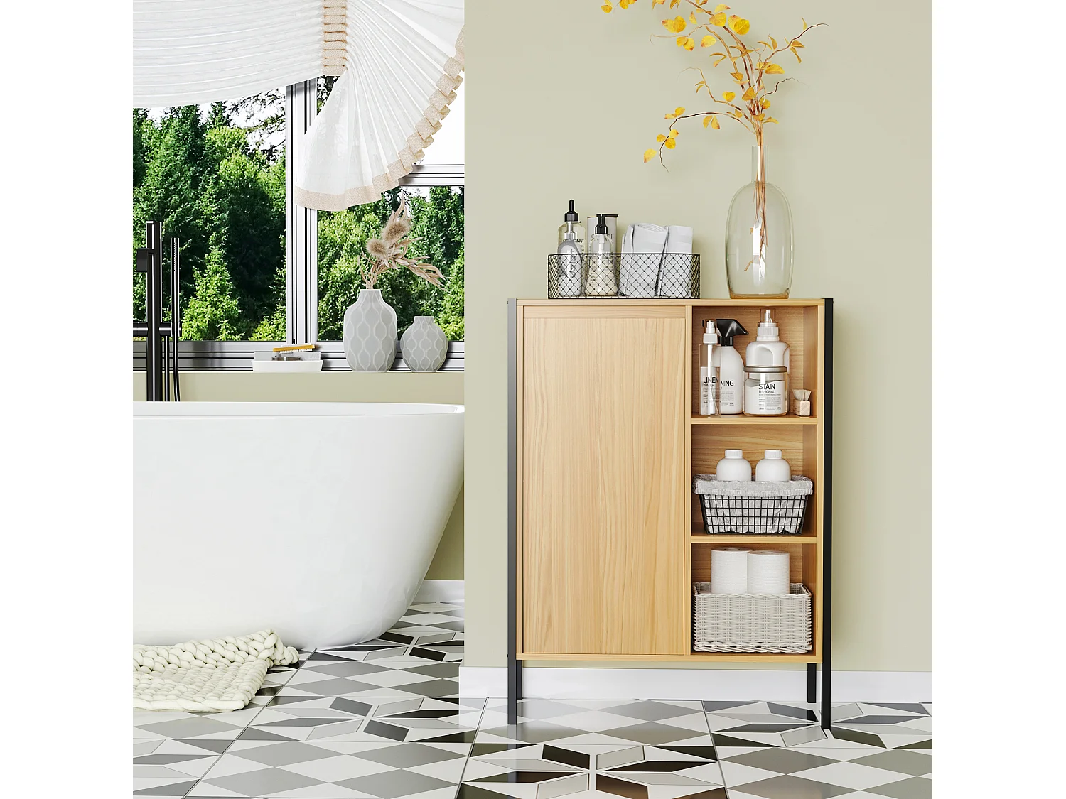 Meuble salle de bain - porte, étagère, 3 niches - dim. 60L x 28l x 80H cm - châssis acier noir panneaux aspect bois clair