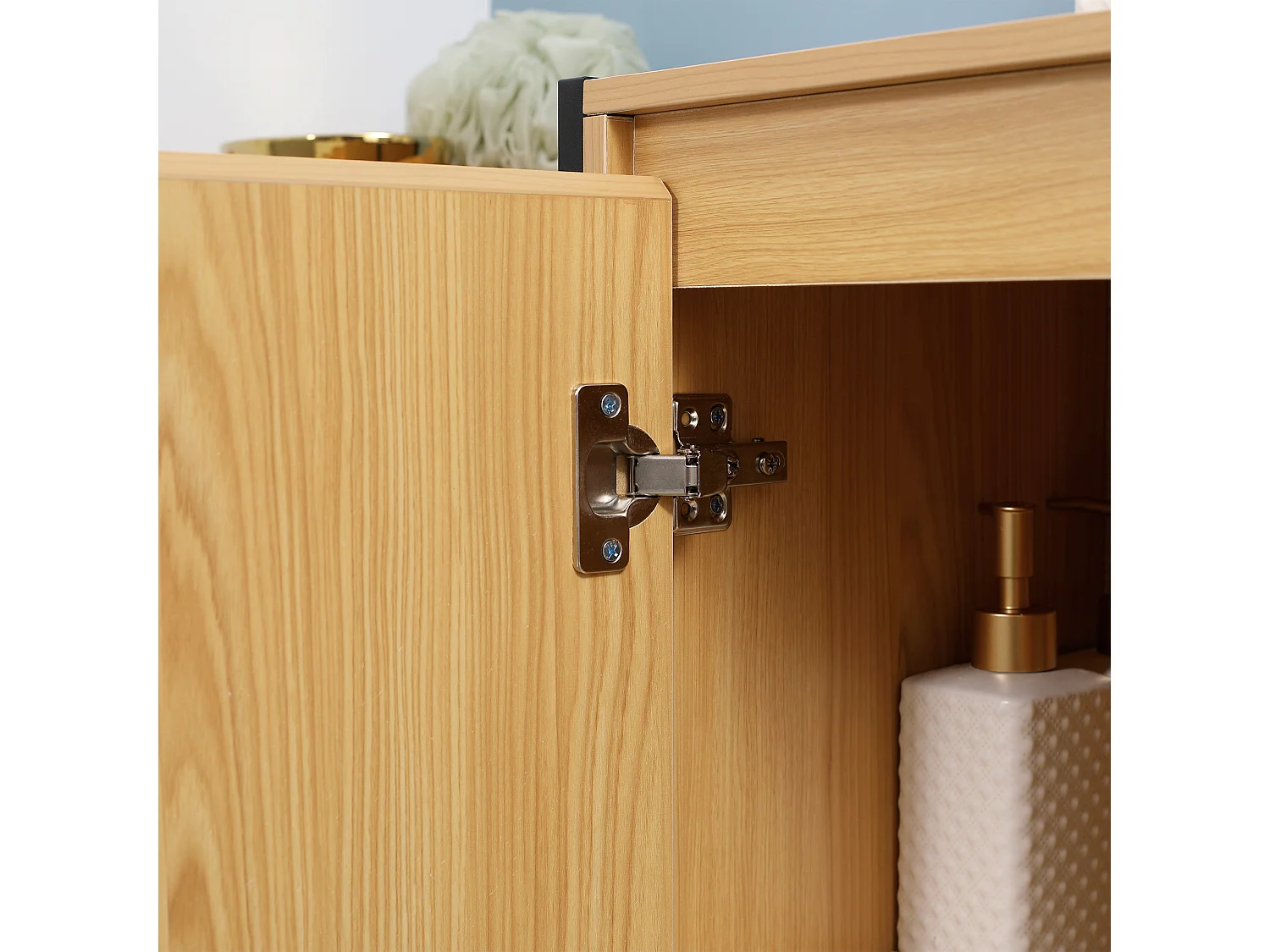 Meuble salle de bain - porte, étagère, 3 niches - dim. 60L x 28l x 80H cm - châssis acier noir panneaux aspect bois clair