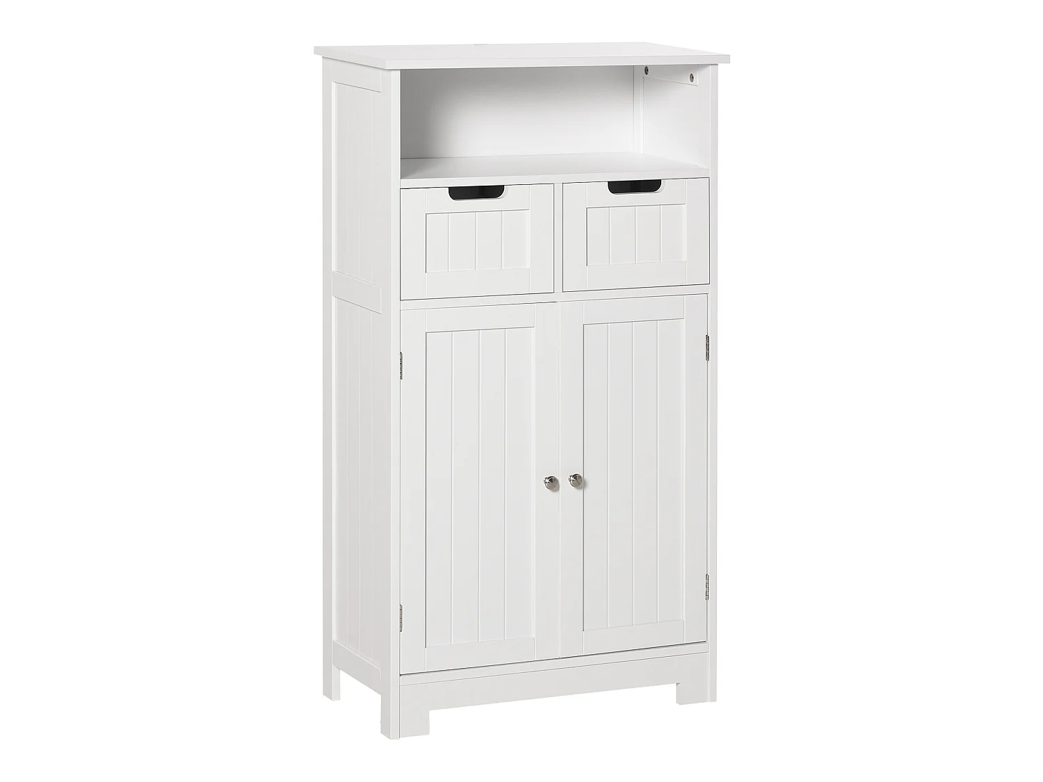 Meuble bas de salle de bain multi-rangements grande niche 2 tiroirs placard double porte avec étagère MDF blanc