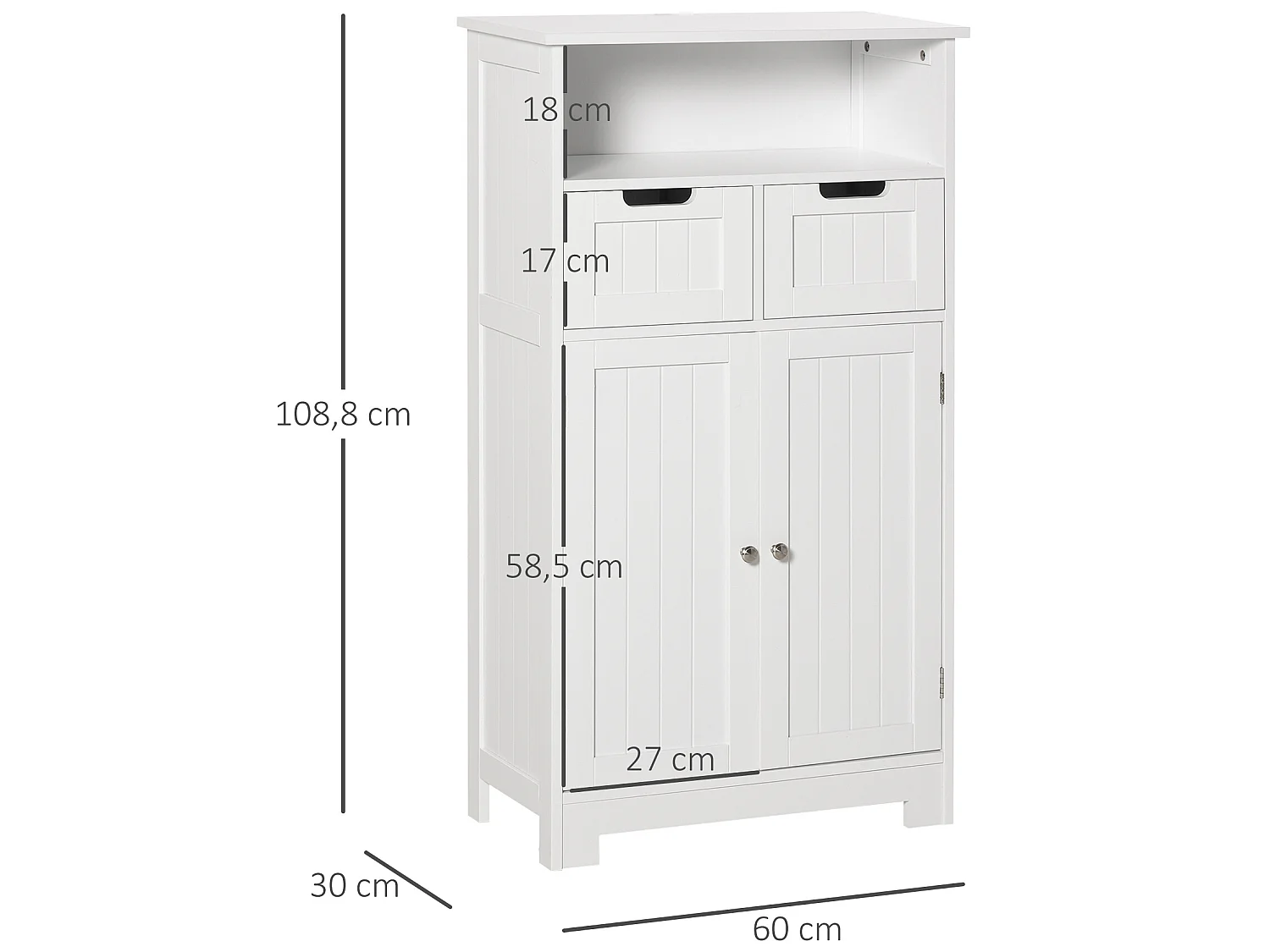 Meuble bas de salle de bain multi-rangements grande niche 2 tiroirs placard double porte avec étagère MDF blanc