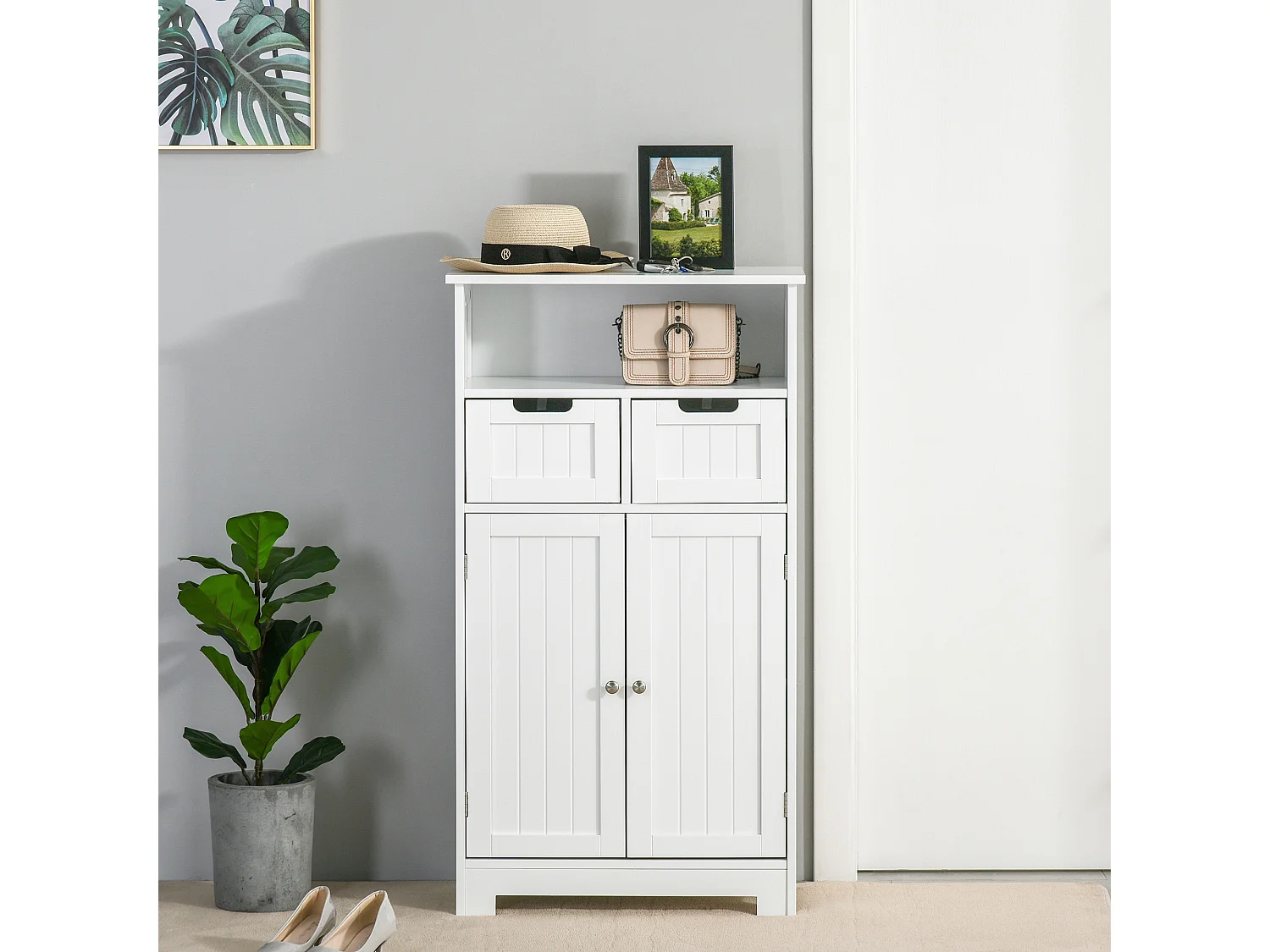 Meuble bas de salle de bain multi-rangements grande niche 2 tiroirs placard double porte avec étagère MDF blanc