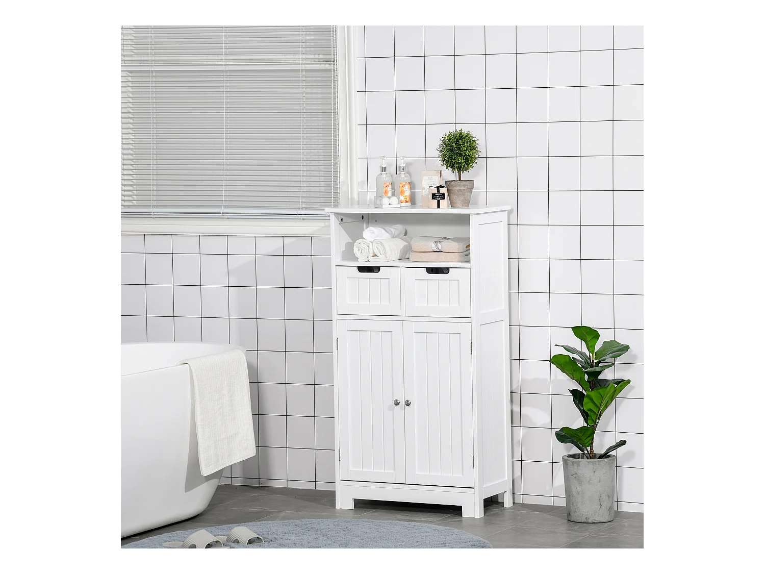 Meuble bas de salle de bain multi-rangements grande niche 2 tiroirs placard double porte avec étagère MDF blanc