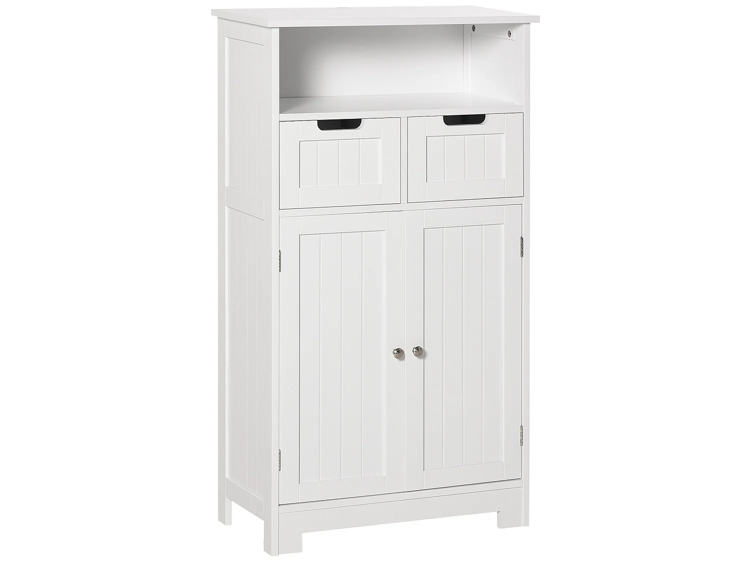 Meuble bas de salle de bain multi-rangements grande niche 2 tiroirs placard double porte avec étagère MDF blanc