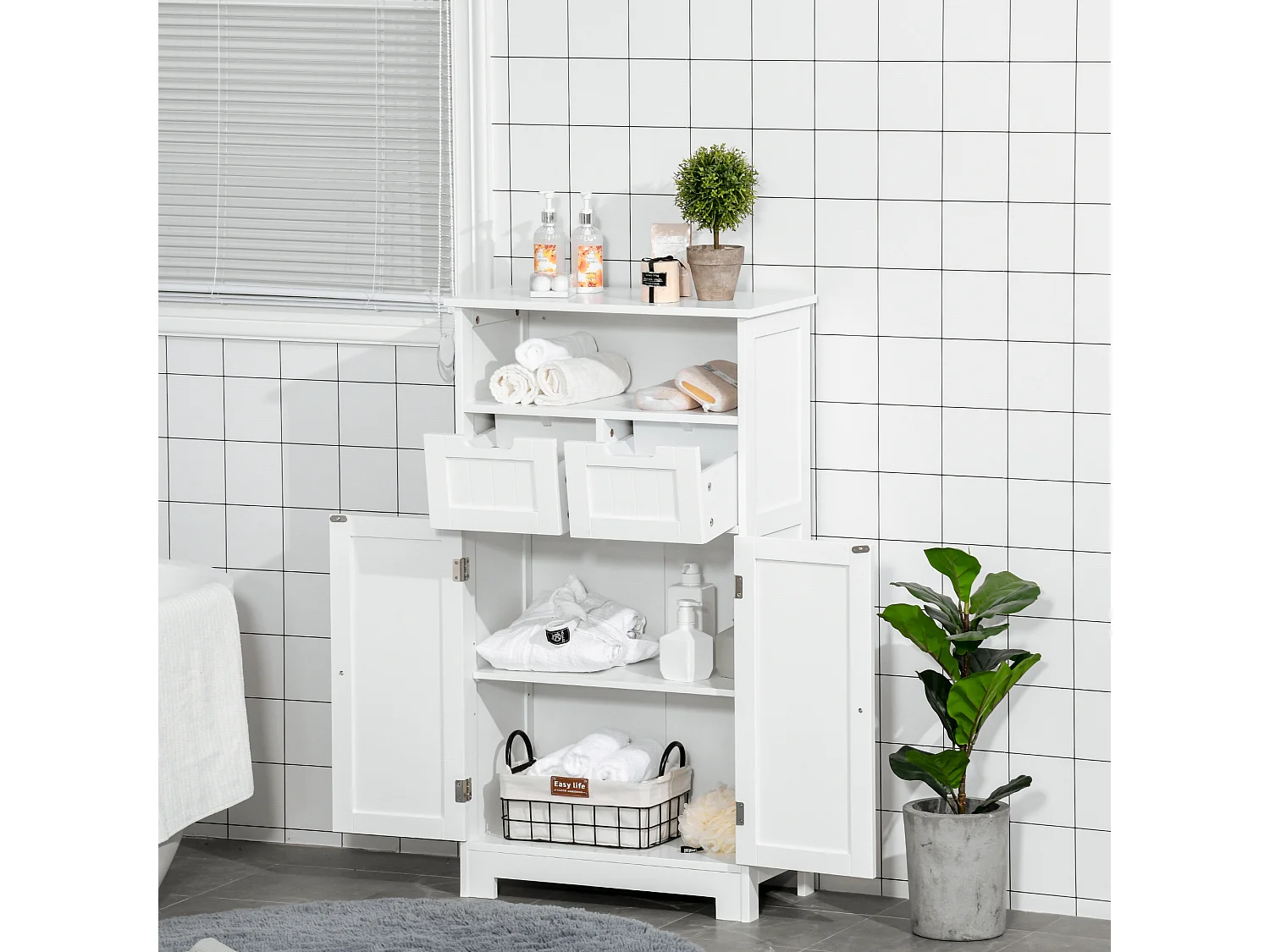 Meuble bas de salle de bain multi-rangements grande niche 2 tiroirs placard double porte avec étagère MDF blanc