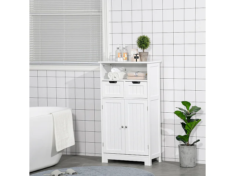 Meuble bas de salle de bain multi-rangements grande niche 2 tiroirs placard double porte avec étagère MDF blanc