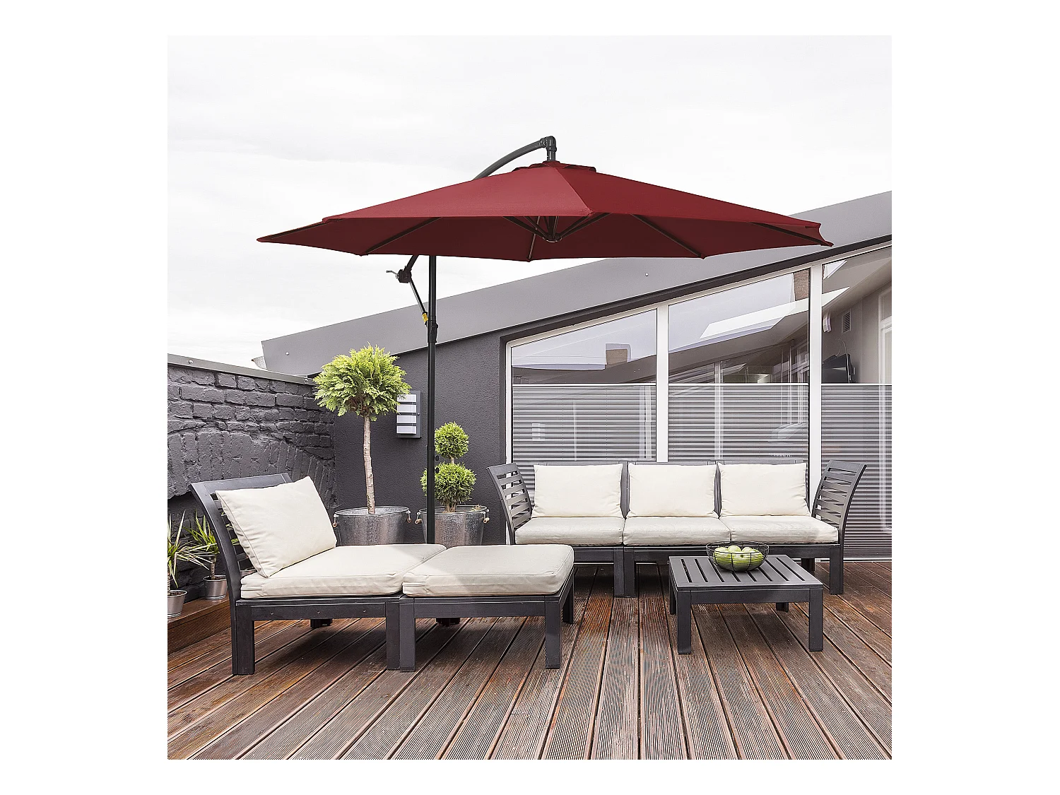 Parasol déporté octogonal inclinable manivelle pied acier Ø 3 x 2,5H m bordeaux