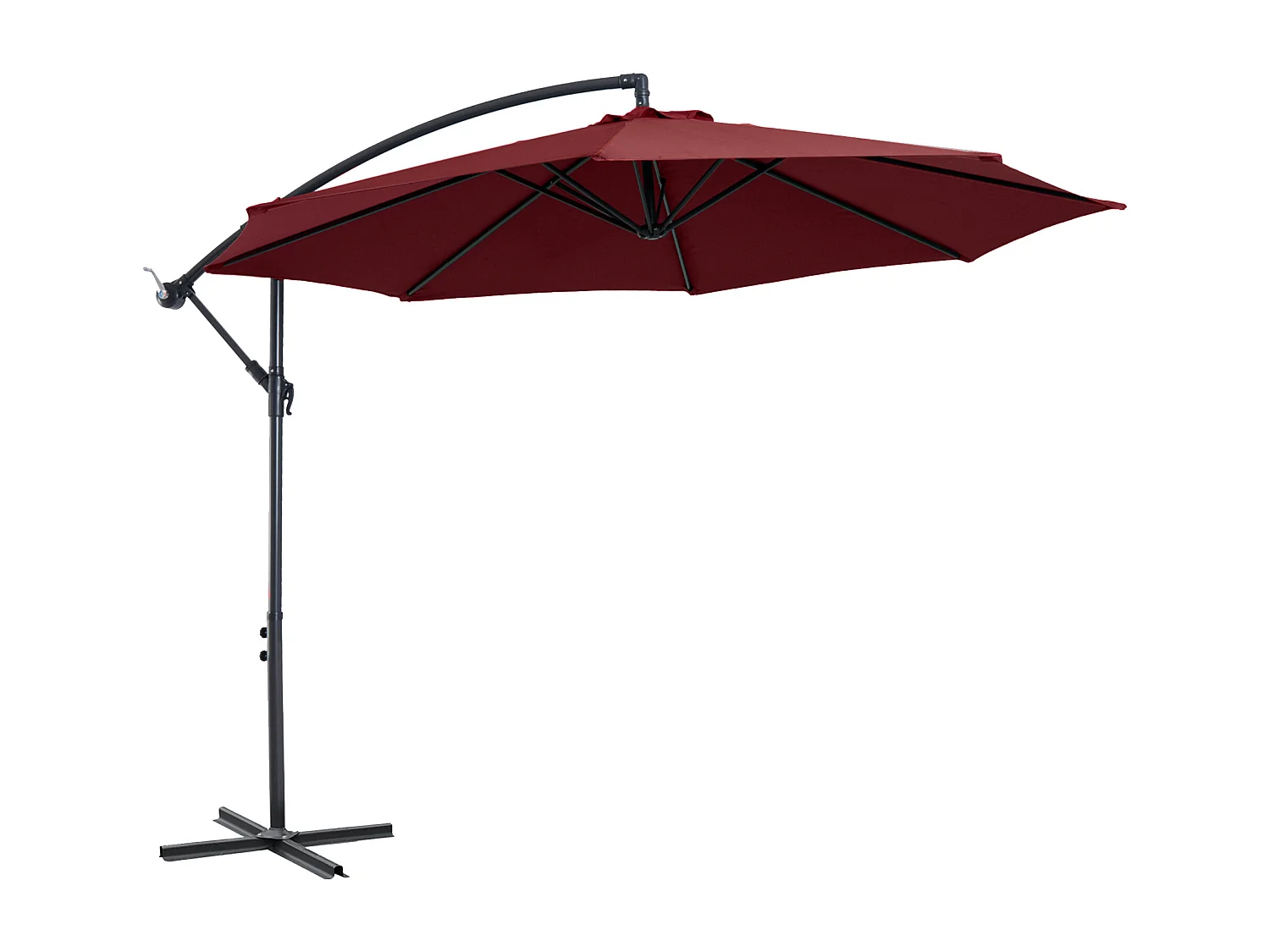 Parasol déporté octogonal inclinable manivelle pied acier Ø 3 x 2,5H m bordeaux
