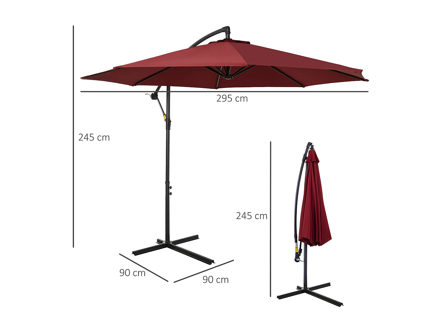 Parasol déporté octogonal inclinable manivelle pied acier Ø 3 x 2,5H m bordeaux