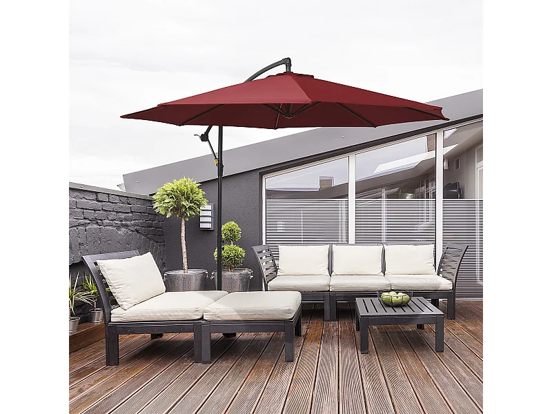 Parasol déporté octogonal inclinable manivelle pied acier Ø 3 x 2,5H m bordeaux