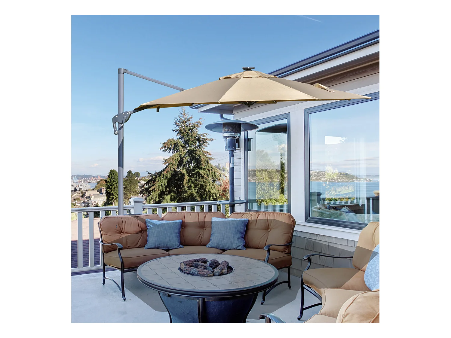 Parasol déporté octogonal parasol LED inclinable pivotant manivelle piètement acier dim. Ø 3 x 2,48H m beige