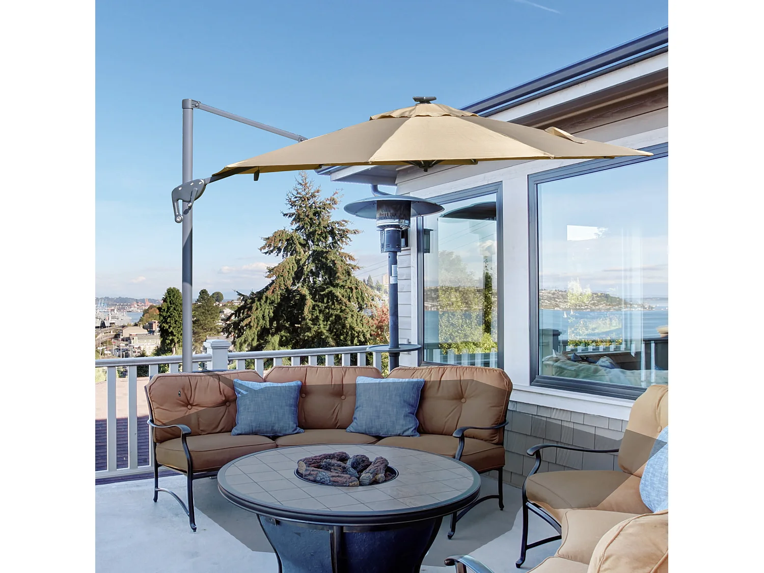 Parasol déporté octogonal parasol LED inclinable pivotant manivelle piètement acier dim. Ø 3 x 2,48H m beige