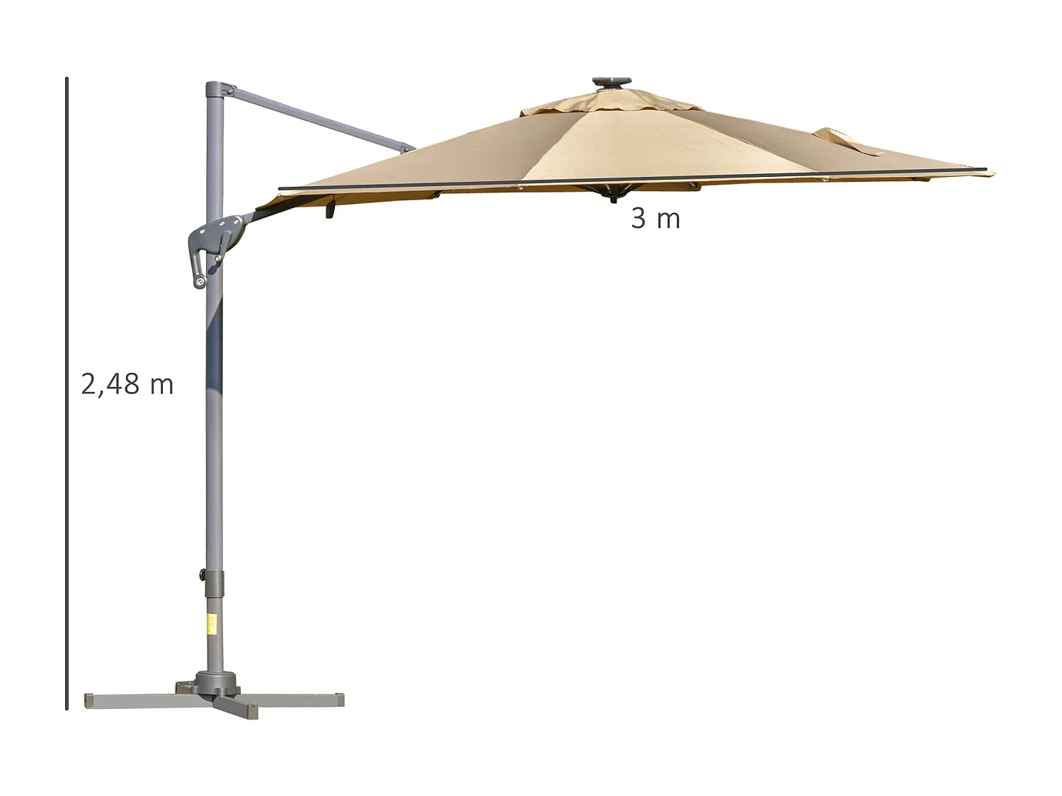 Parasol déporté octogonal parasol LED inclinable pivotant manivelle piètement acier dim. Ø 3 x 2,48H m beige