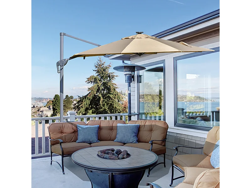 Parasol déporté octogonal parasol LED inclinable pivotant manivelle piètement acier dim. Ø 3 x 2,48H m beige