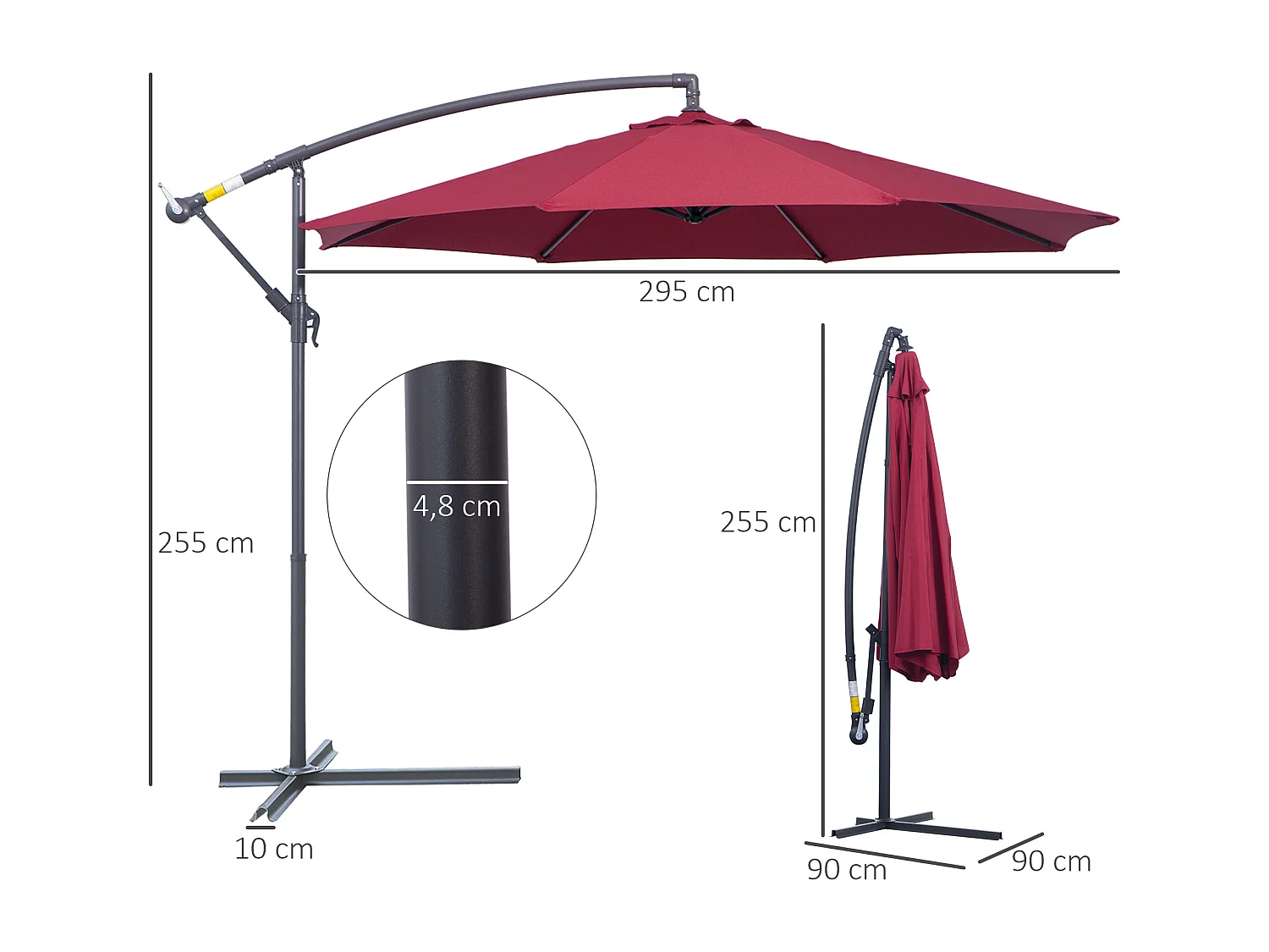 Parasol déporté octogonal à manivelle inclinable manivelle avec pied en acier diamètre 3 m rouge