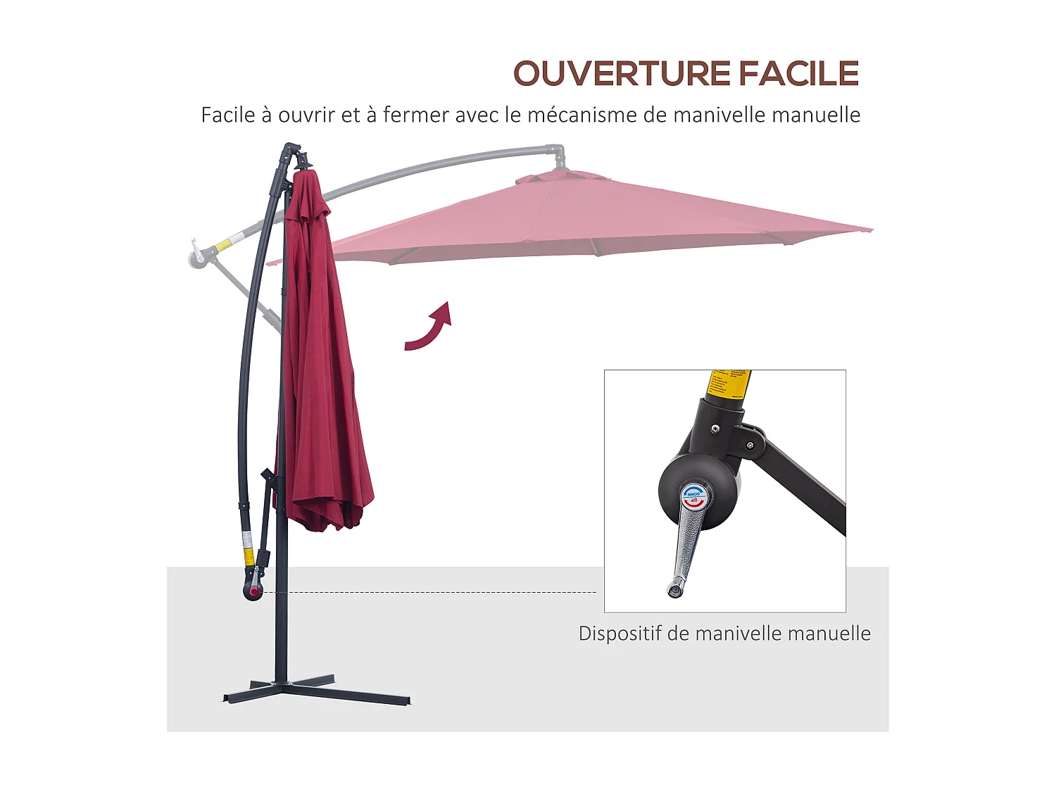 Parasol déporté octogonal à manivelle inclinable manivelle avec pied en acier diamètre 3 m rouge