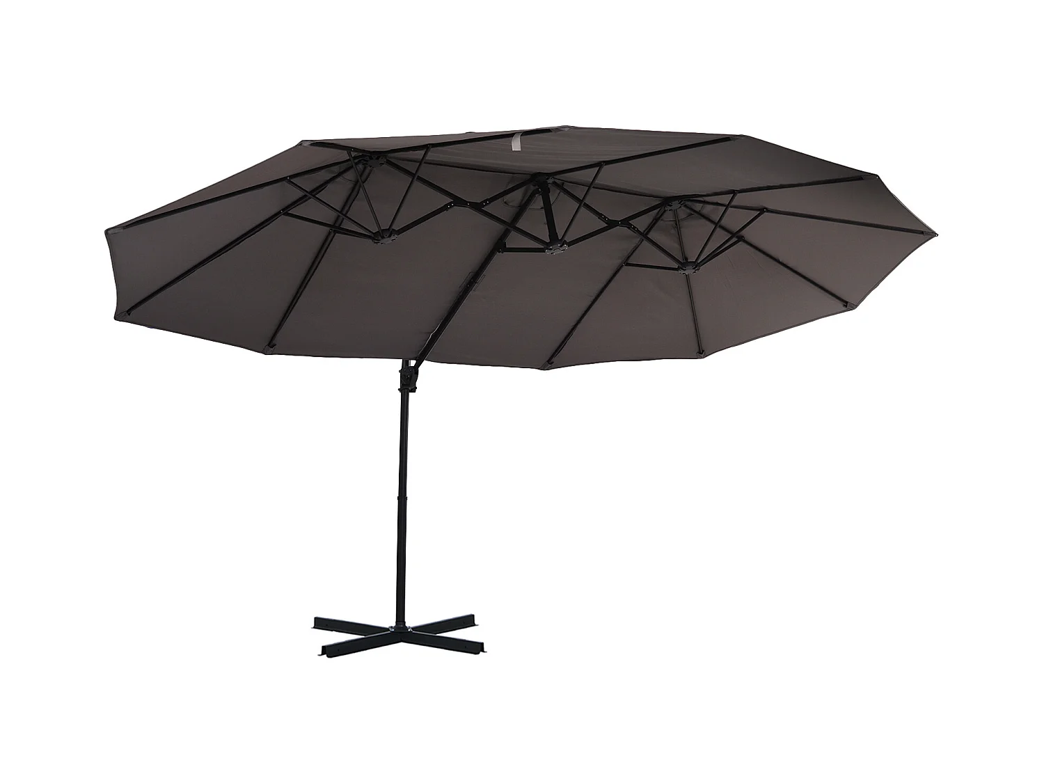 Parasol déporté grande taille XXL inclinable dim. 4,4L x 2,7l x 2,5H m piètement en acier inclus polyester gris