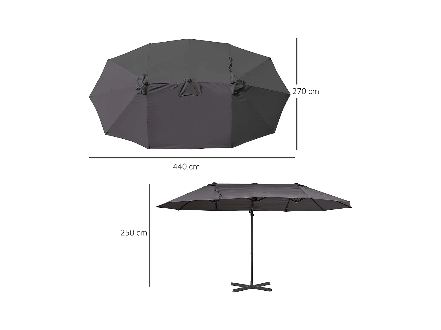 Parasol déporté grande taille XXL inclinable dim. 4,4L x 2,7l x 2,5H m piètement en acier inclus polyester gris