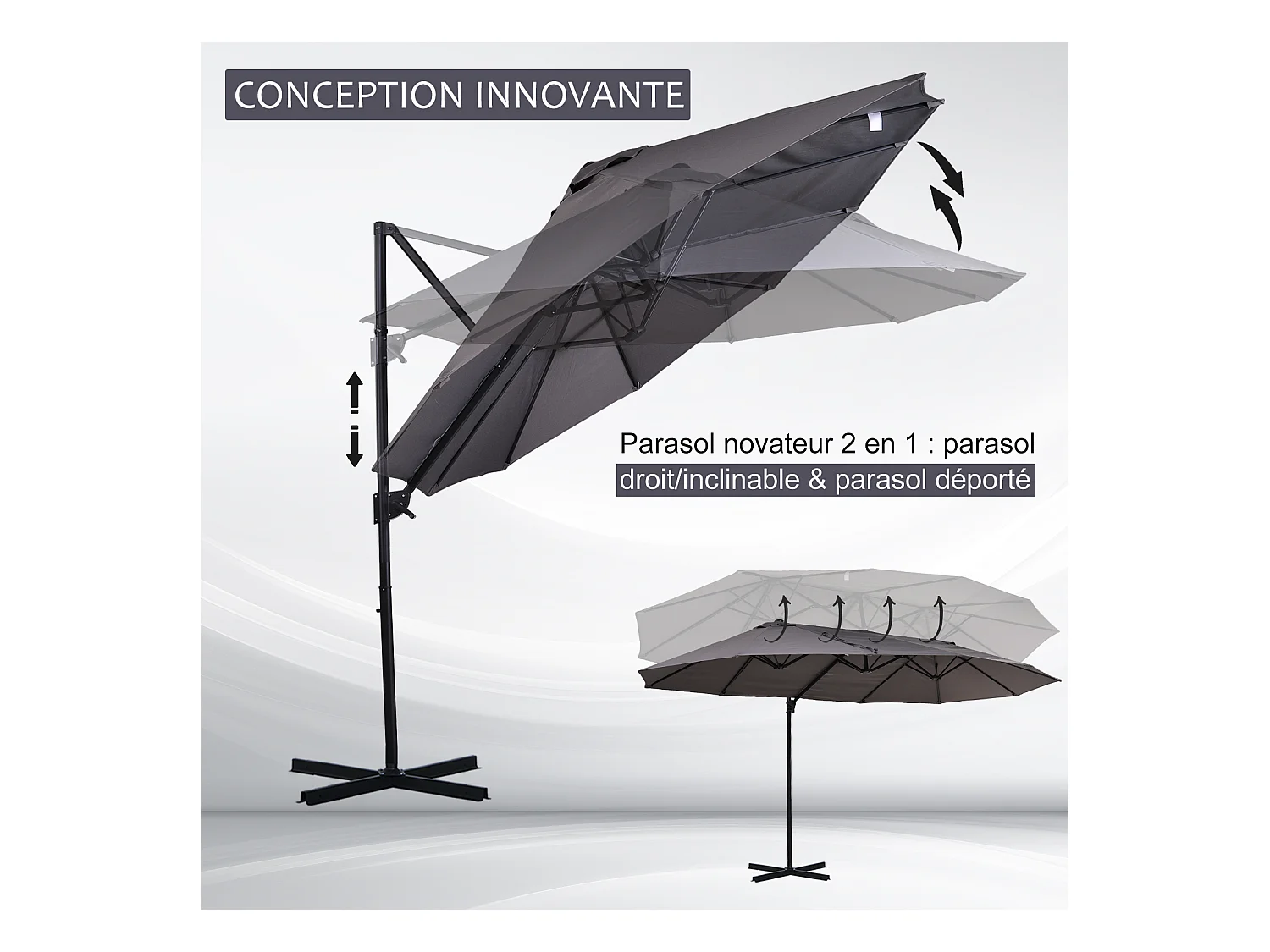 Parasol déporté grande taille XXL inclinable dim. 4,4L x 2,7l x 2,5H m piètement en acier inclus polyester gris