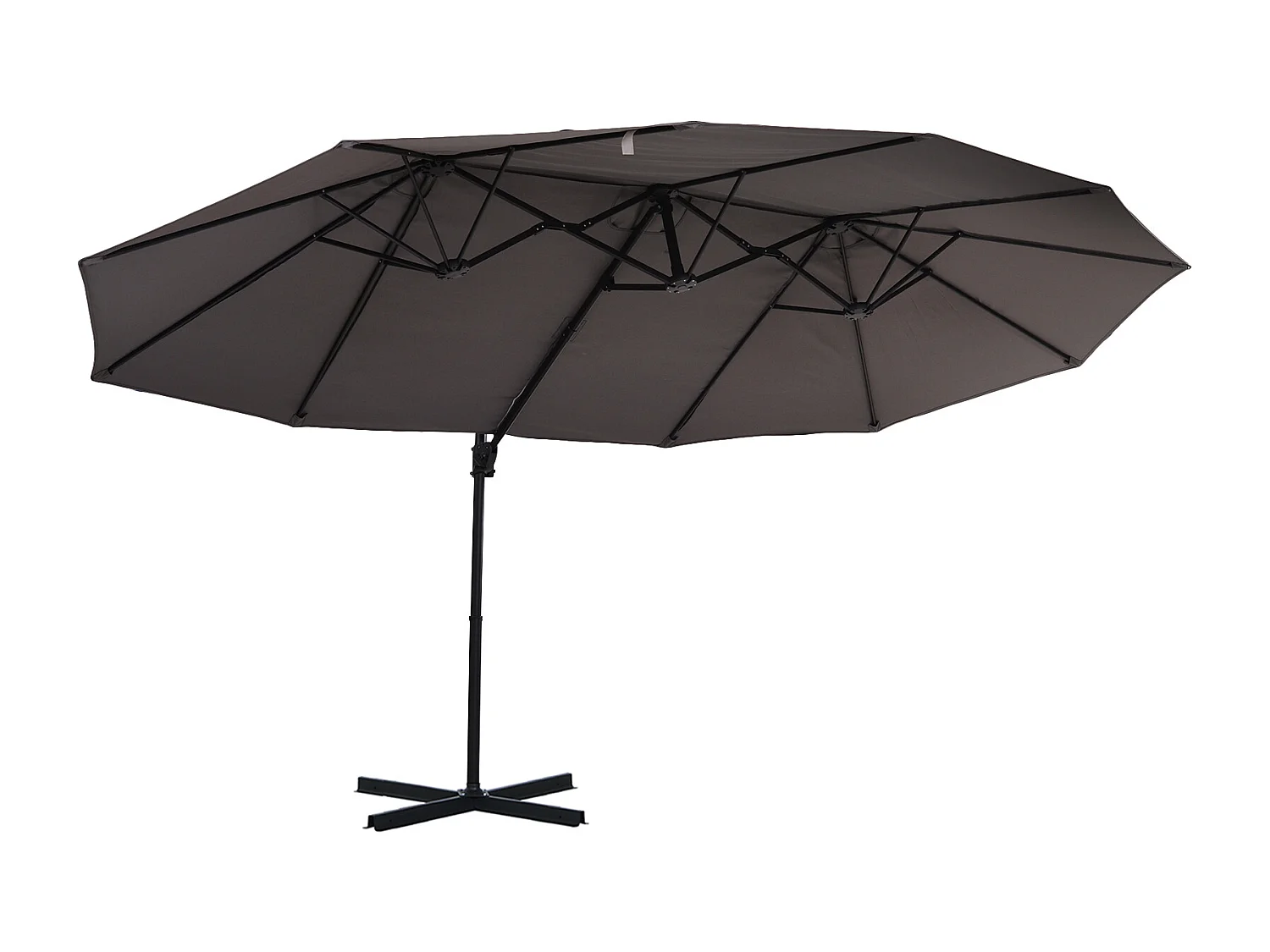 Parasol déporté grande taille XXL inclinable dim. 4,4L x 2,7l x 2,5H m piètement en acier inclus polyester gris