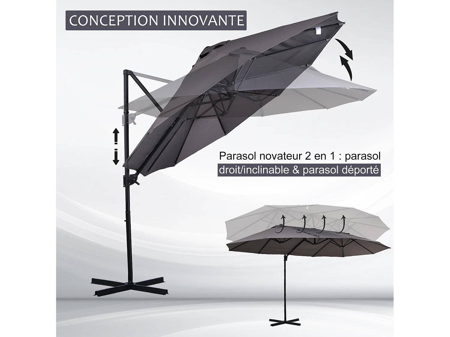 Parasol déporté grande taille XXL inclinable dim. 4,4L x 2,7l x 2,5H m piètement en acier inclus polyester gris