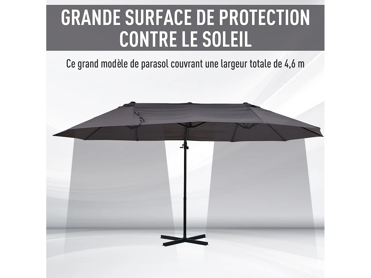 Parasol déporté grande taille XXL inclinable dim. 4,4L x 2,7l x 2,5H m piètement en acier inclus polyester gris