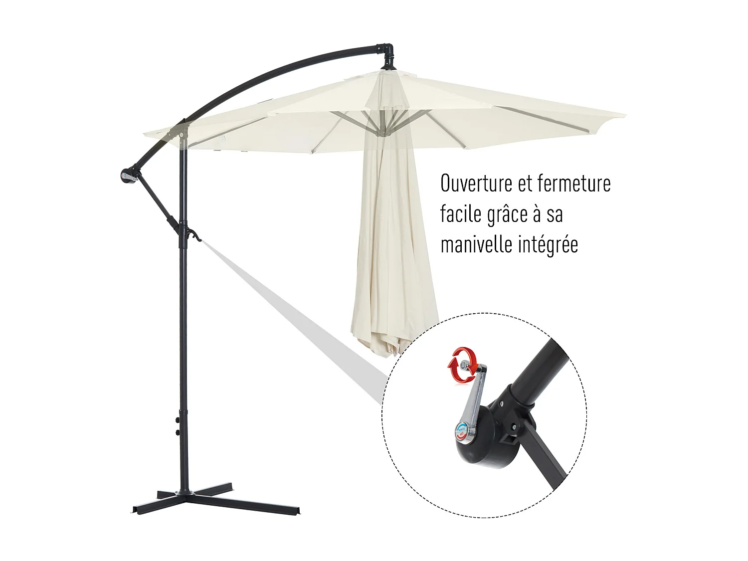 Parasol déporté octogonal inclinable rabattable diamètre 3 m parasol de jardin avec pied en croix crème