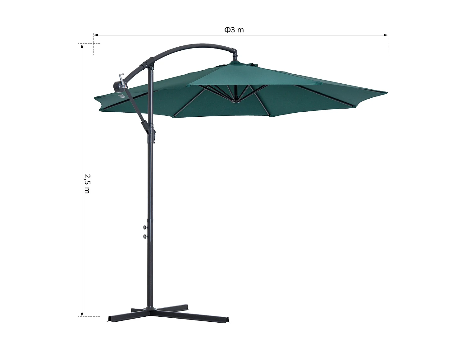 Parasol déporté octogonal inclinable manivelle pied acier Ø 3 x 2,5H m vert