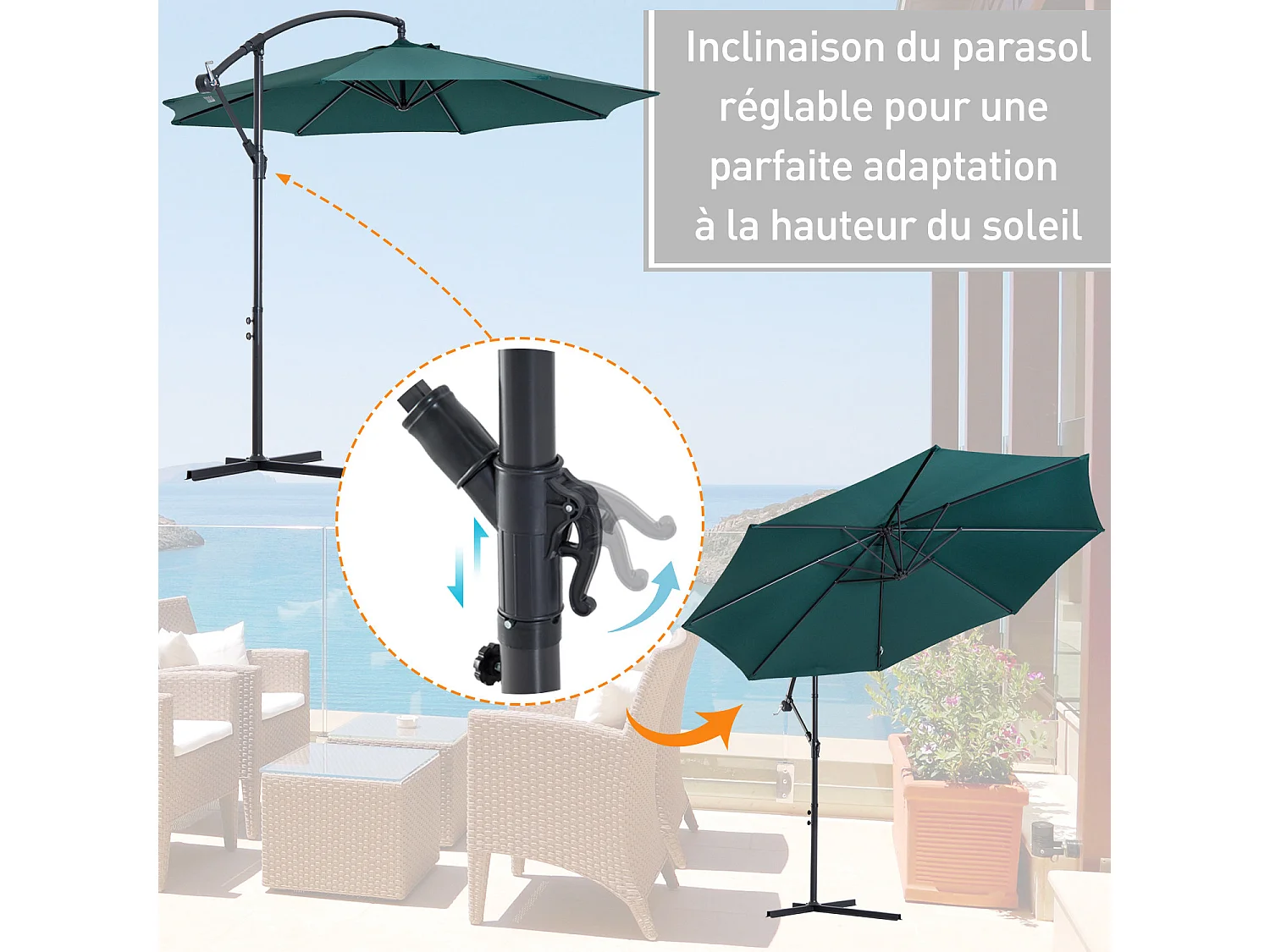 Parasol déporté octogonal inclinable manivelle pied acier Ø 3 x 2,5H m vert