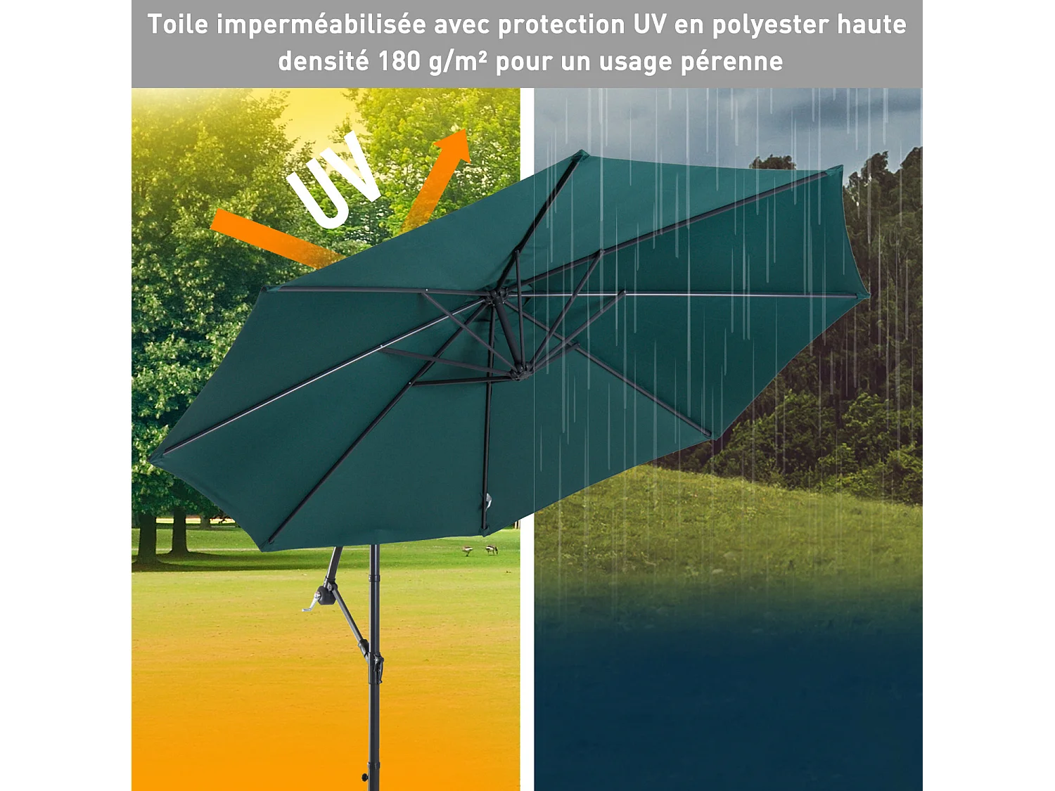 Parasol déporté octogonal inclinable manivelle pied acier Ø 3 x 2,5H m vert