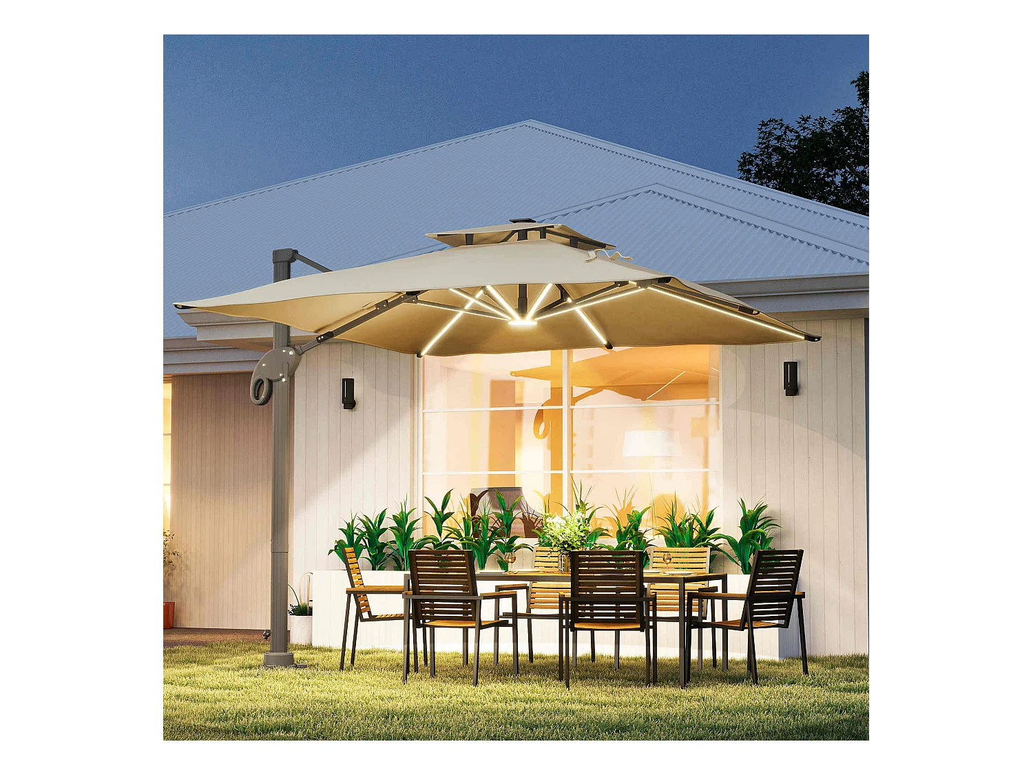 Parasol déporté LED carré double toit inclinable pivotant 360° manivelle piètement acier dim. 3L x 3l x 2,66H m beige