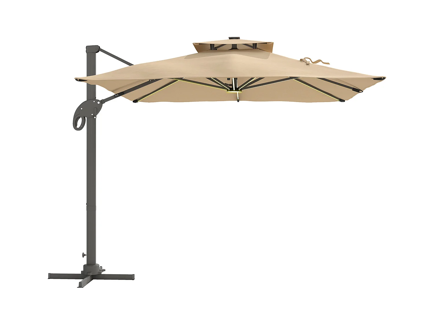 Parasol déporté LED carré double toit inclinable pivotant 360° manivelle piètement acier dim. 3L x 3l x 2,66H m beige
