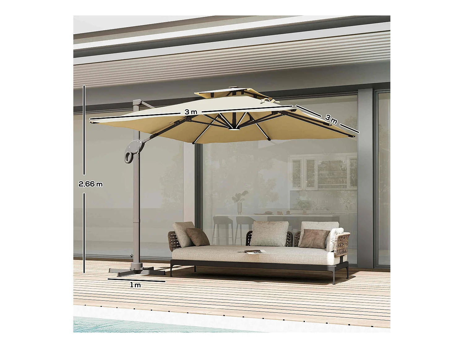 Parasol déporté LED carré double toit inclinable pivotant 360° manivelle piètement acier dim. 3L x 3l x 2,66H m beige