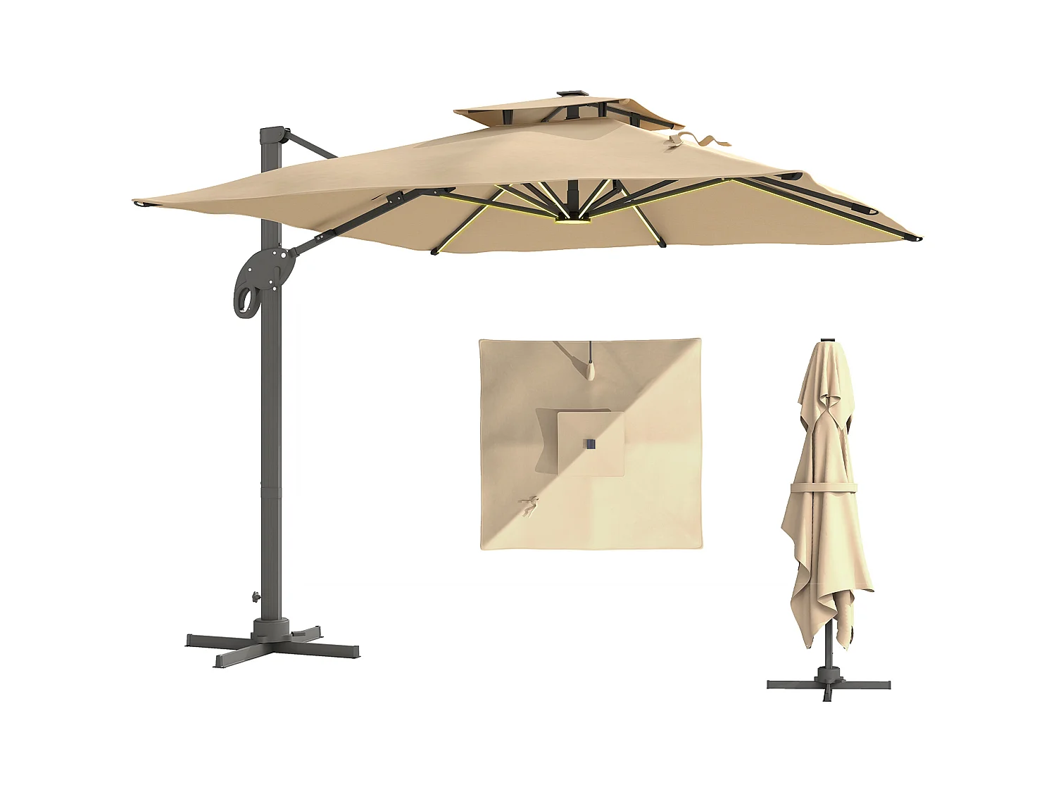Parasol déporté LED carré double toit inclinable pivotant 360° manivelle piètement acier dim. 3L x 3l x 2,66H m beige