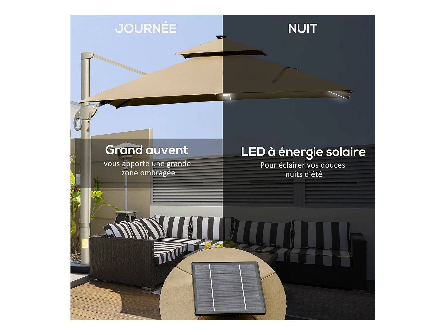 Parasol déporté LED carré double toit inclinable pivotant 360° manivelle piètement acier dim. 3L x 3l x 2,66H m beige