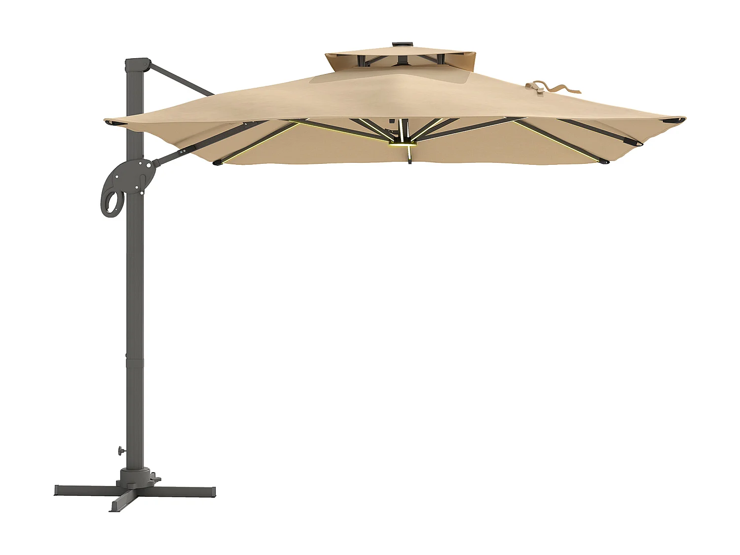 Parasol déporté LED carré double toit inclinable pivotant 360° manivelle piètement acier dim. 3L x 3l x 2,66H m beige
