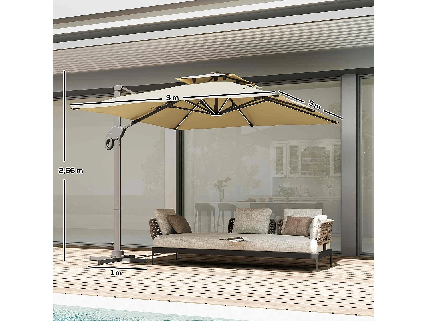 Parasol déporté LED carré double toit inclinable pivotant 360° manivelle piètement acier dim. 3L x 3l x 2,66H m beige