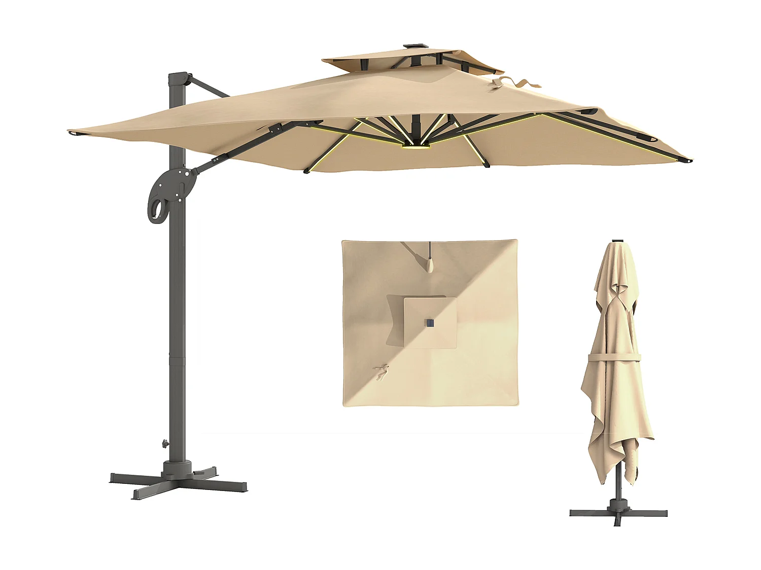 Parasol déporté LED carré double toit inclinable pivotant 360° manivelle piètement acier dim. 3L x 3l x 2,66H m beige