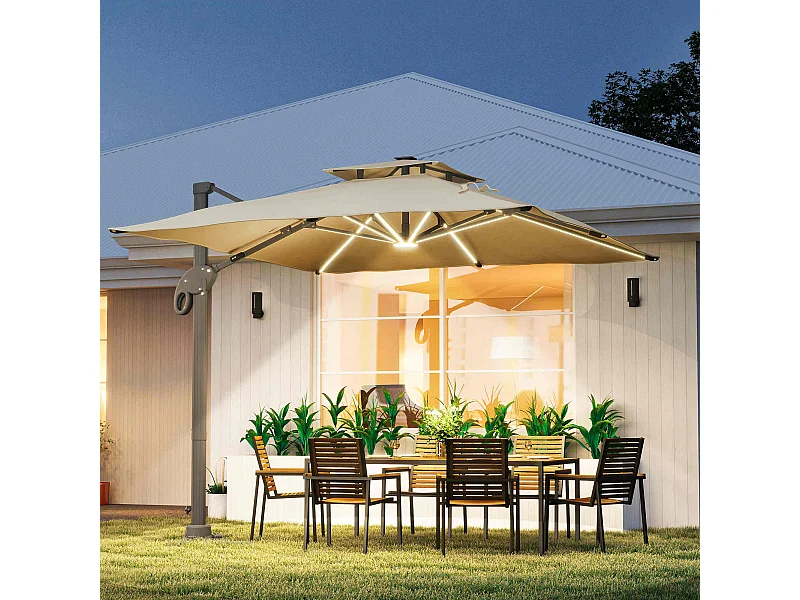 Parasol déporté LED carré double toit inclinable pivotant 360° manivelle piètement acier dim. 3L x 3l x 2,66H m beige