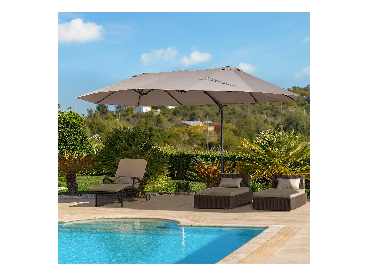 Parasol déporté grande taille XXL inclinable dim. 4,4L x 2,7l x 2,5H m piètement en acier inclus polyester marron