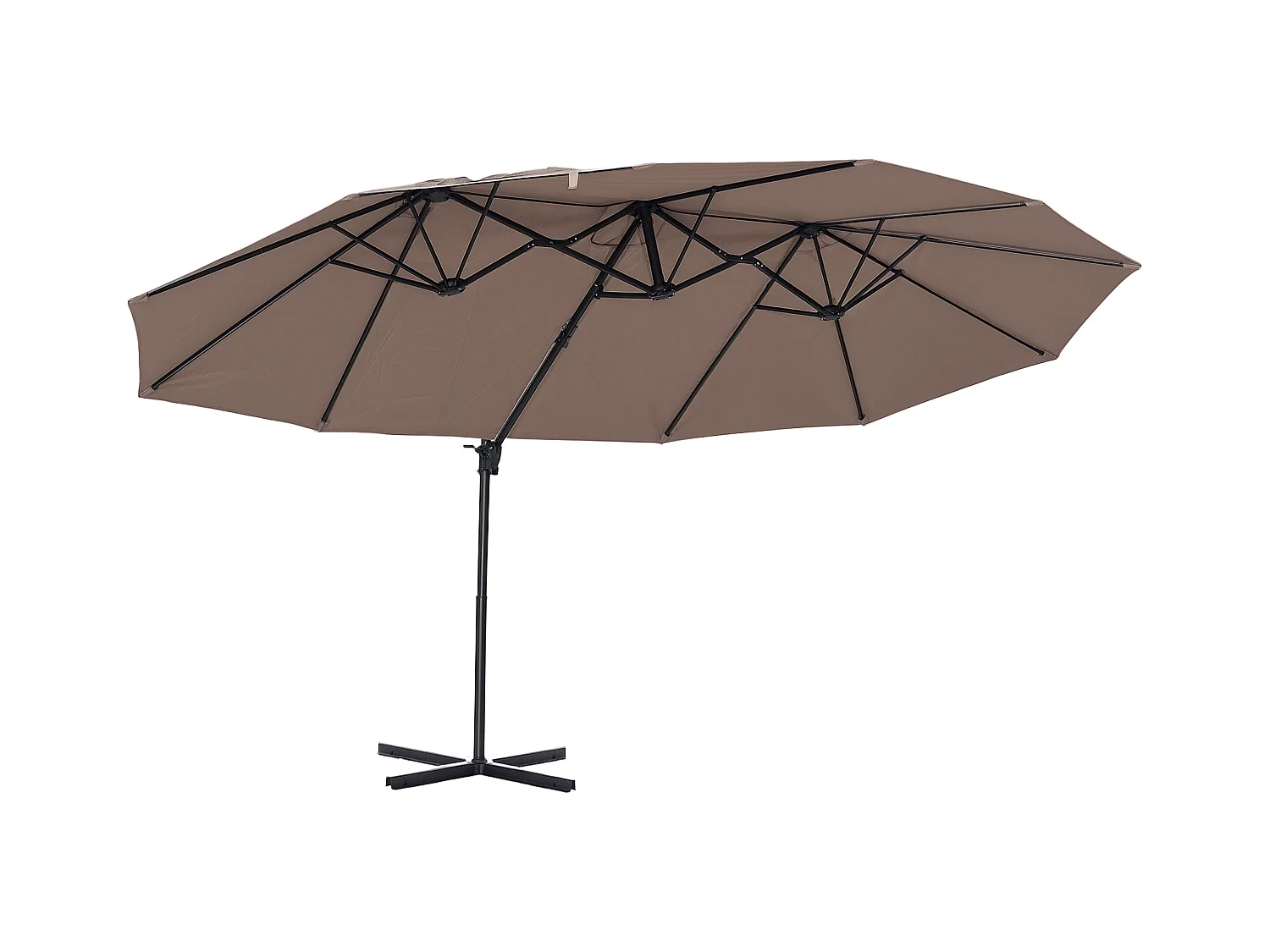 Parasol déporté grande taille XXL inclinable dim. 4,4L x 2,7l x 2,5H m piètement en acier inclus polyester marron