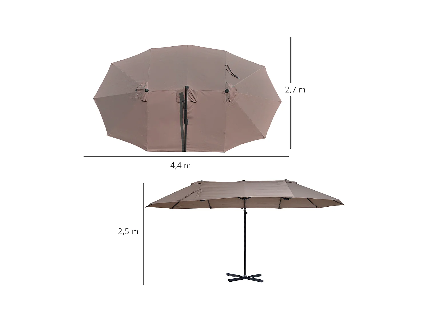 Parasol déporté grande taille XXL inclinable dim. 4,4L x 2,7l x 2,5H m piètement en acier inclus polyester marron