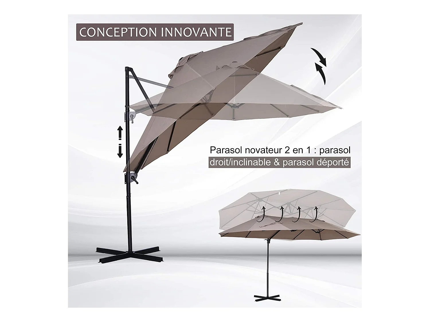 Parasol déporté grande taille XXL inclinable dim. 4,4L x 2,7l x 2,5H m piètement en acier inclus polyester marron