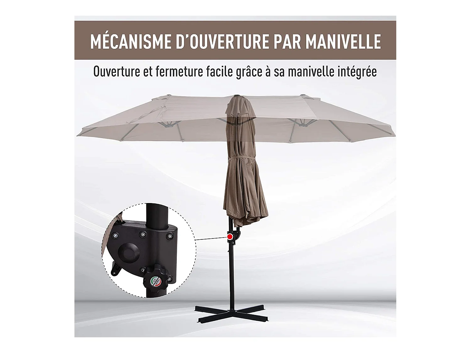 Parasol déporté grande taille XXL inclinable dim. 4,4L x 2,7l x 2,5H m piètement en acier inclus polyester marron