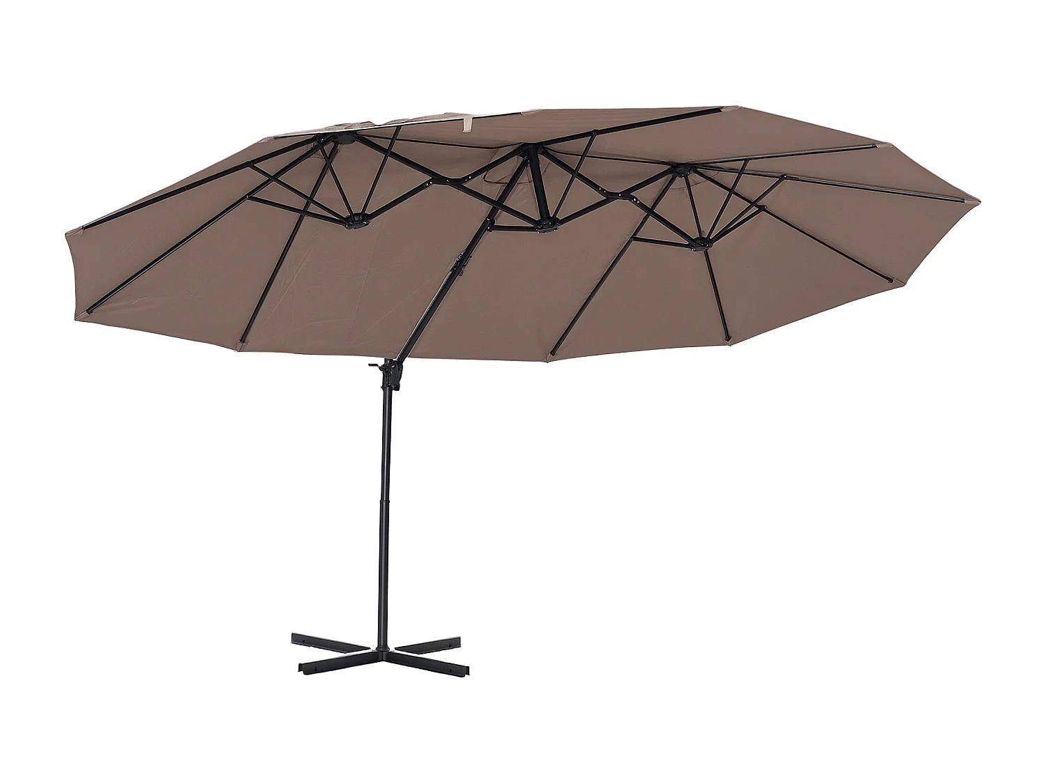 Parasol déporté grande taille XXL inclinable dim. 4,4L x 2,7l x 2,5H m piètement en acier inclus polyester marron